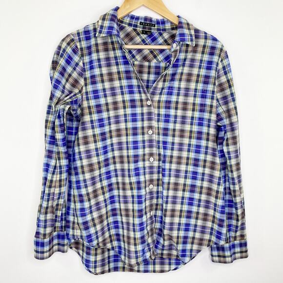 Theory Blue Black White Plaid Long Sleeve Button Front Shirt Men's Size Large L - Picture 1 of 6